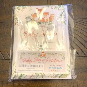 Woodland baby shower invitations & cup cake toppers.